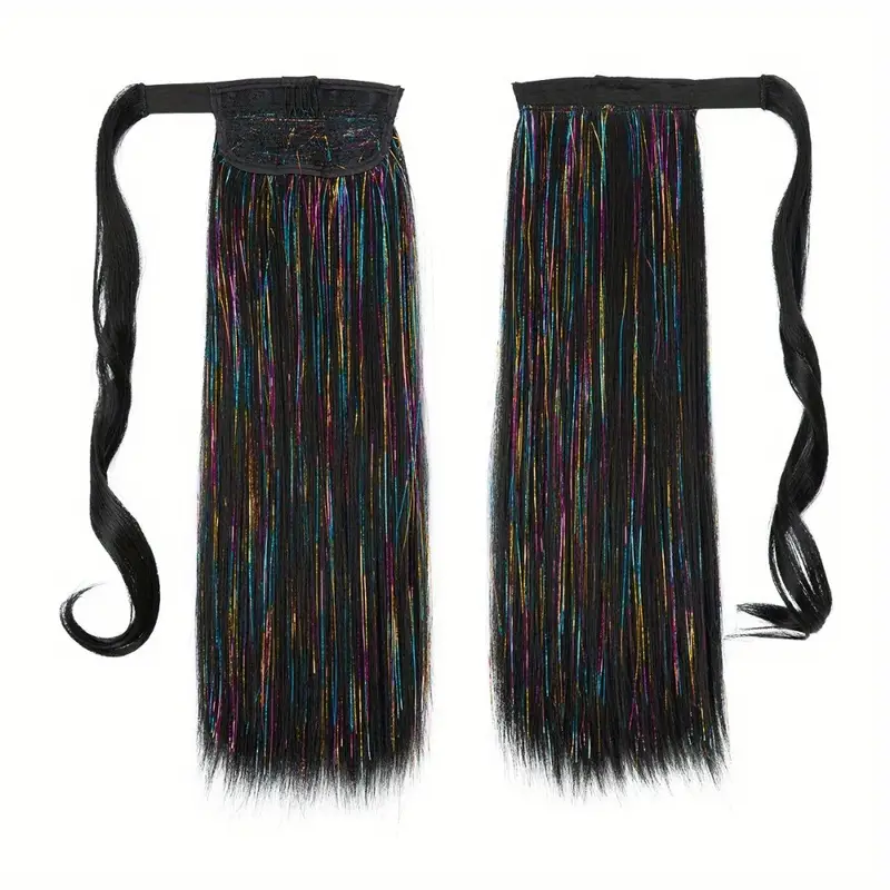 1pc wig piece fashion colorful ponytail golden and silvery low temperature fiber straight hair ponytail natural traceless synthetic straight hair braid details 9