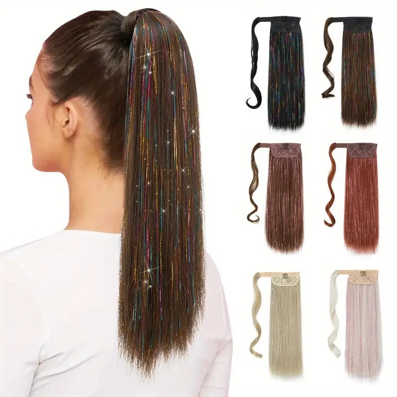 1pc wig piece fashion colorful ponytail golden and silvery low temperature fiber straight hair ponytail natural traceless synthetic straight hair braid details 1
