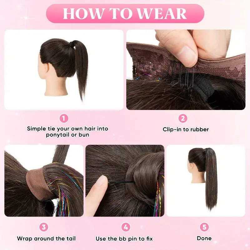 1pc wig piece fashion colorful ponytail golden and silvery low temperature fiber straight hair ponytail natural traceless synthetic straight hair braid details 7