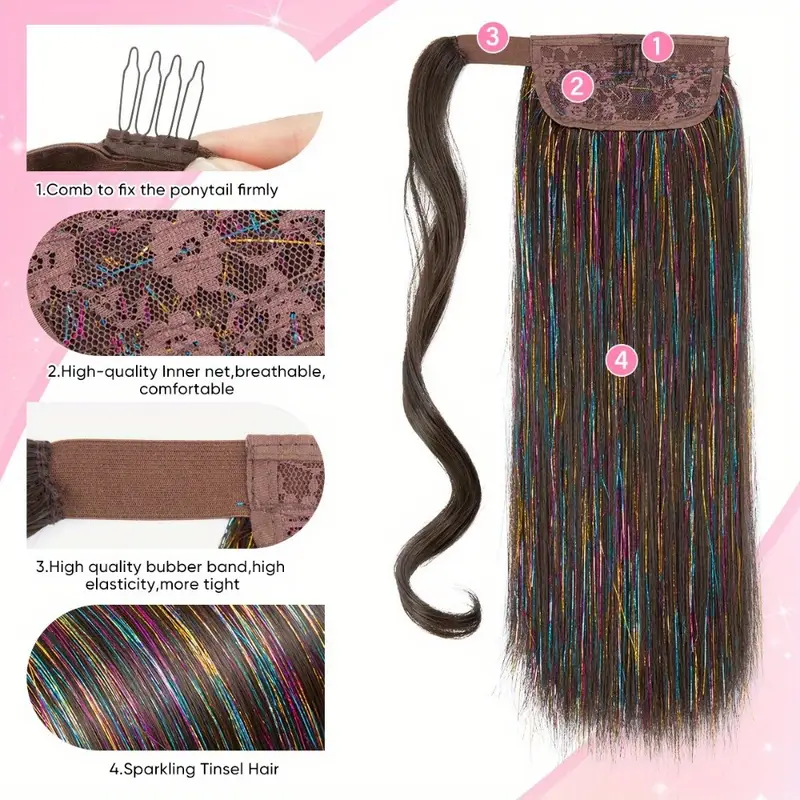 1pc wig piece fashion colorful ponytail golden and silvery low temperature fiber straight hair ponytail natural traceless synthetic straight hair braid details 0