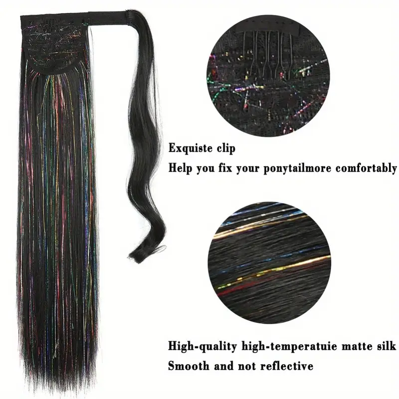 1pc wig piece fashion colorful ponytail golden and silvery low temperature fiber straight hair ponytail natural traceless synthetic straight hair braid details 2
