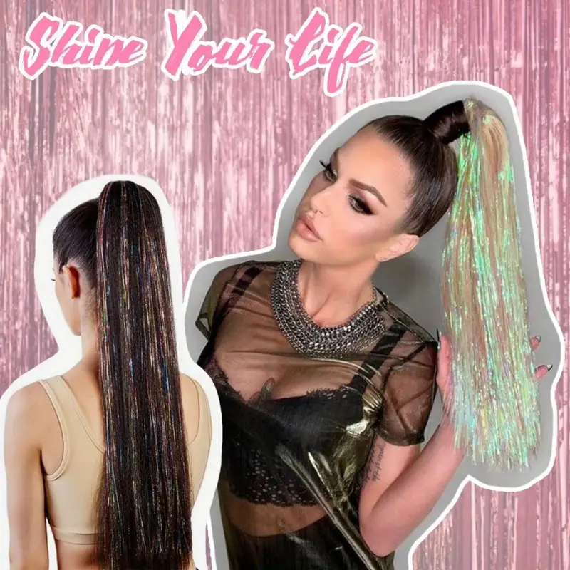 1pc wig piece fashion colorful ponytail golden and silvery low temperature fiber straight hair ponytail natural traceless synthetic straight hair braid details 6
