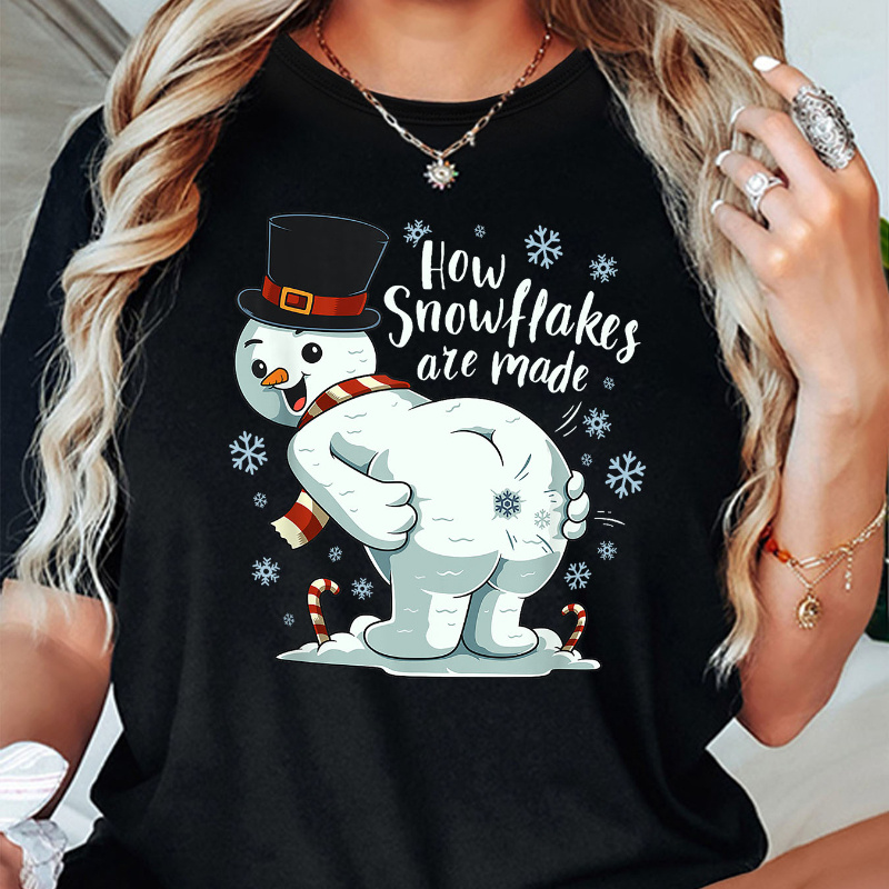 

Women's Casual Christmas Snowman T-shirt, Polyester Knit Fabric With Medium Stretch, Crew Neck Short Sleeve Top, With "how Snowflakes Are Made" Print, For All Season Wear