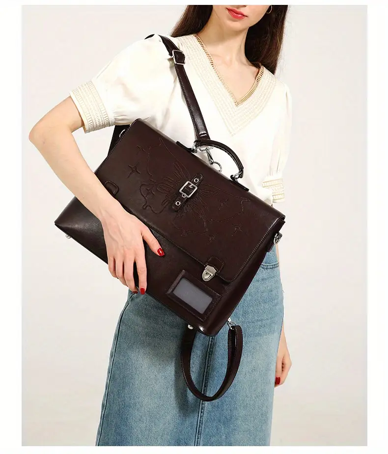 genuine leather womens tote bag large capacity multifunctional commuting business casual fashion computer bag with laptop compartment stain resistant adjustable shoulder strap polyester lining detachable strap wet wipe   for   Product details 3