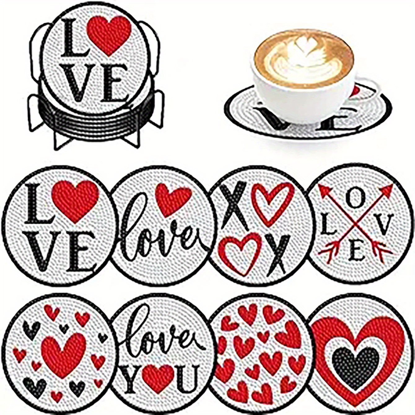 

Diy Diamond Painting Coaster Set - 8pcs Love-themed, Heat-resistant Beverage Mats With Stand, Sparkling Acrylic & Wood Craft Kit For Beginners And Adults