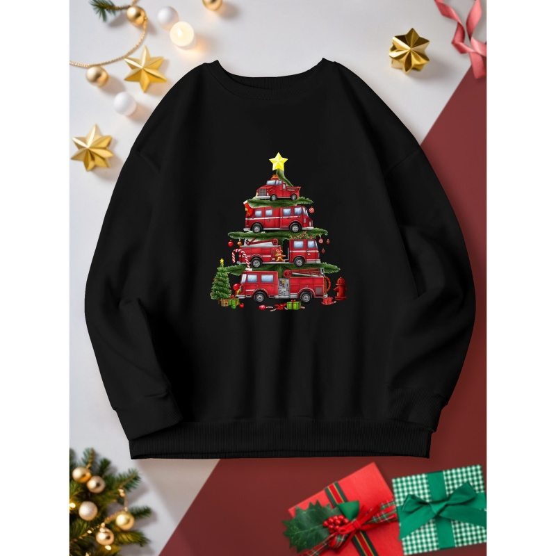 

Women's Christmas Fire Trucks Graphic Sweatshirt - Cozy Crew Neck Pullover For Fall & Spring, Machine Washable