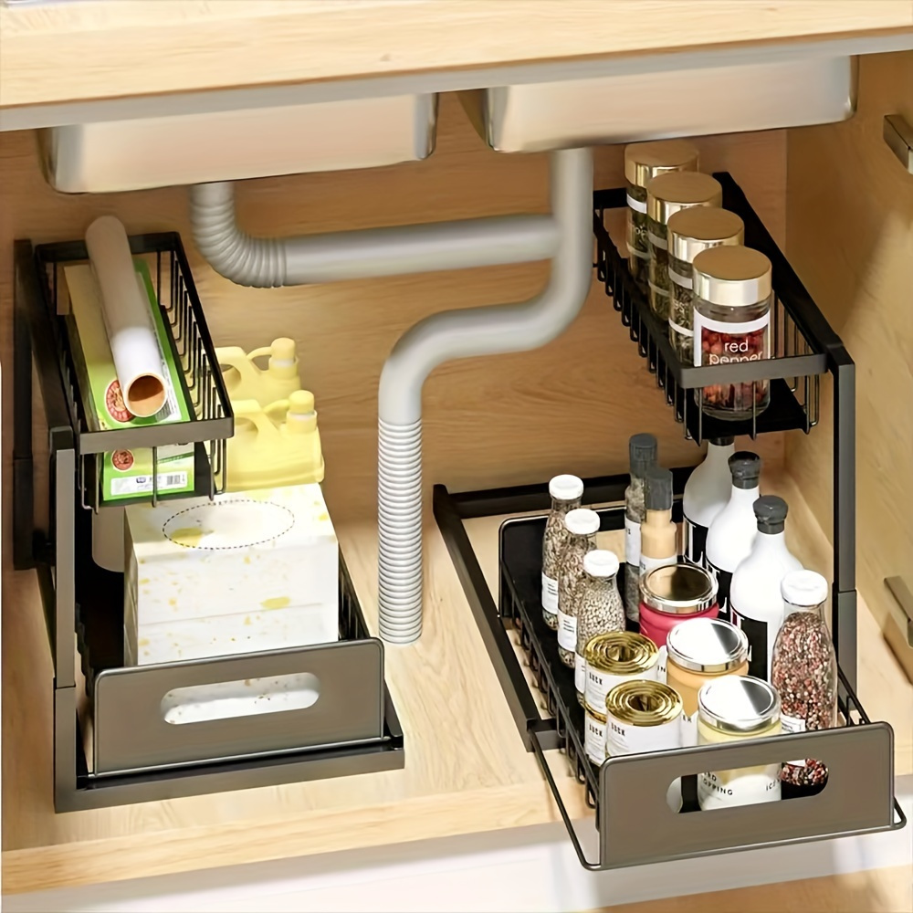 2 tier under sink organizer metal slide out storage rack kitchen cabinet organizer pull out drawer for pantry bathroom closet no power required   metal construction details 1