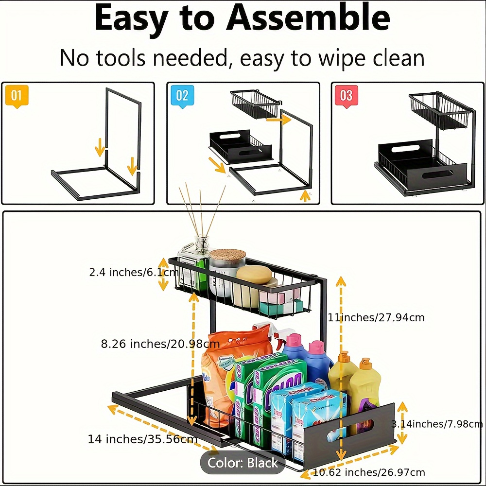 2 tier under sink organizer metal slide out storage rack kitchen cabinet organizer pull out drawer for pantry bathroom closet no power required   metal construction details 4