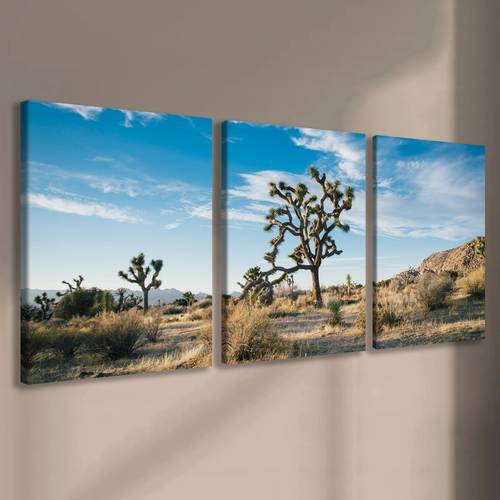 3PCS Joshua Tree Desert Landscape Canvas Wall Art Set - Modern Wood Frame Posters, High Definition, Waterproof, Odorless, Ideal for Home, Office, Bedroom Decor