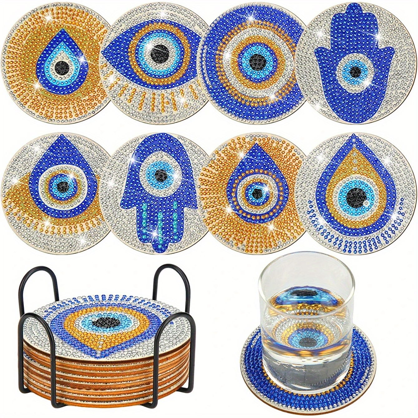 

8pcs Eye Diamond Art Coaster Set With Stand - Sparkling , Heat-resistant Drink Mats For Beginners & Adults - Diy Craft Supplies Gift