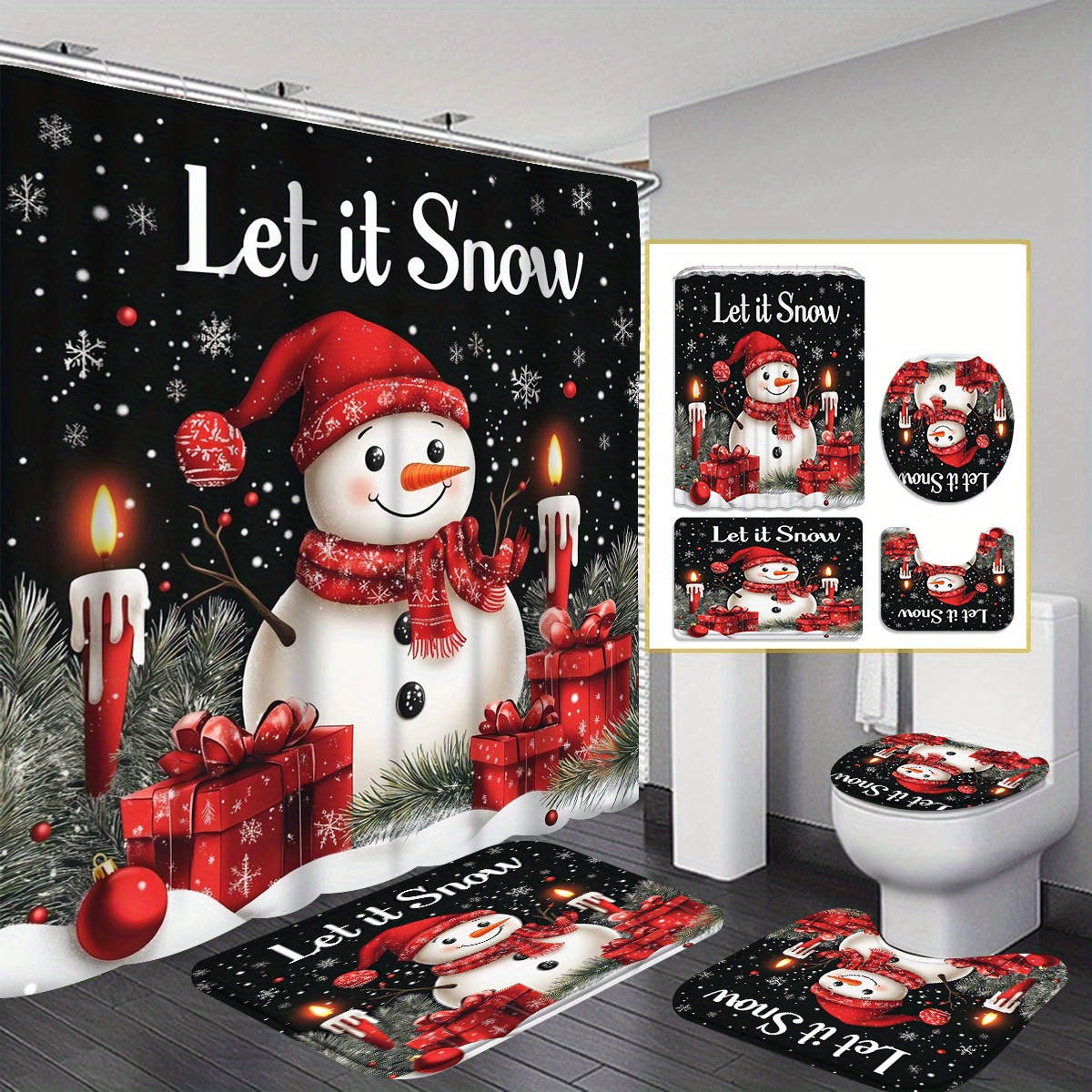 

1pc/4pcs Christmas Snowman, - Pattern Shower Curtain, Decoration, Shower Curtain Set 12 , Bathroom Carpet Mat, U-shaped Mat, Mat, Bathroom Decoration