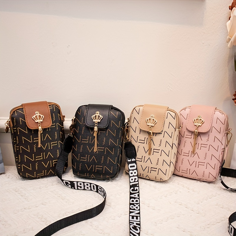 

Stylish Crossbody Phone Bag With Golden-tone Crown Emblem & Adjustable Black Shoulder Strap - Lightweight, Printed Design For Use (black, Brown, , Pink), Phone Purse