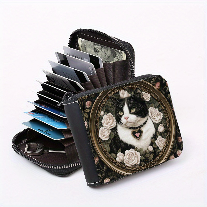 

1pc Cat Pattern - Wallet 9+2 , Zippered Purse, Pu , Portable Organizer