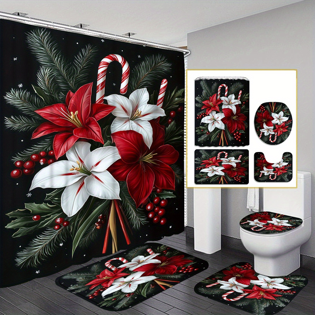 

1pc/4pcs Christmas , - Pattern Shower Curtain, Decoration, Shower Curtain Set 12 , Bathroom Carpet Mat, U-shaped Mat, Mat, Bathroom Decoration