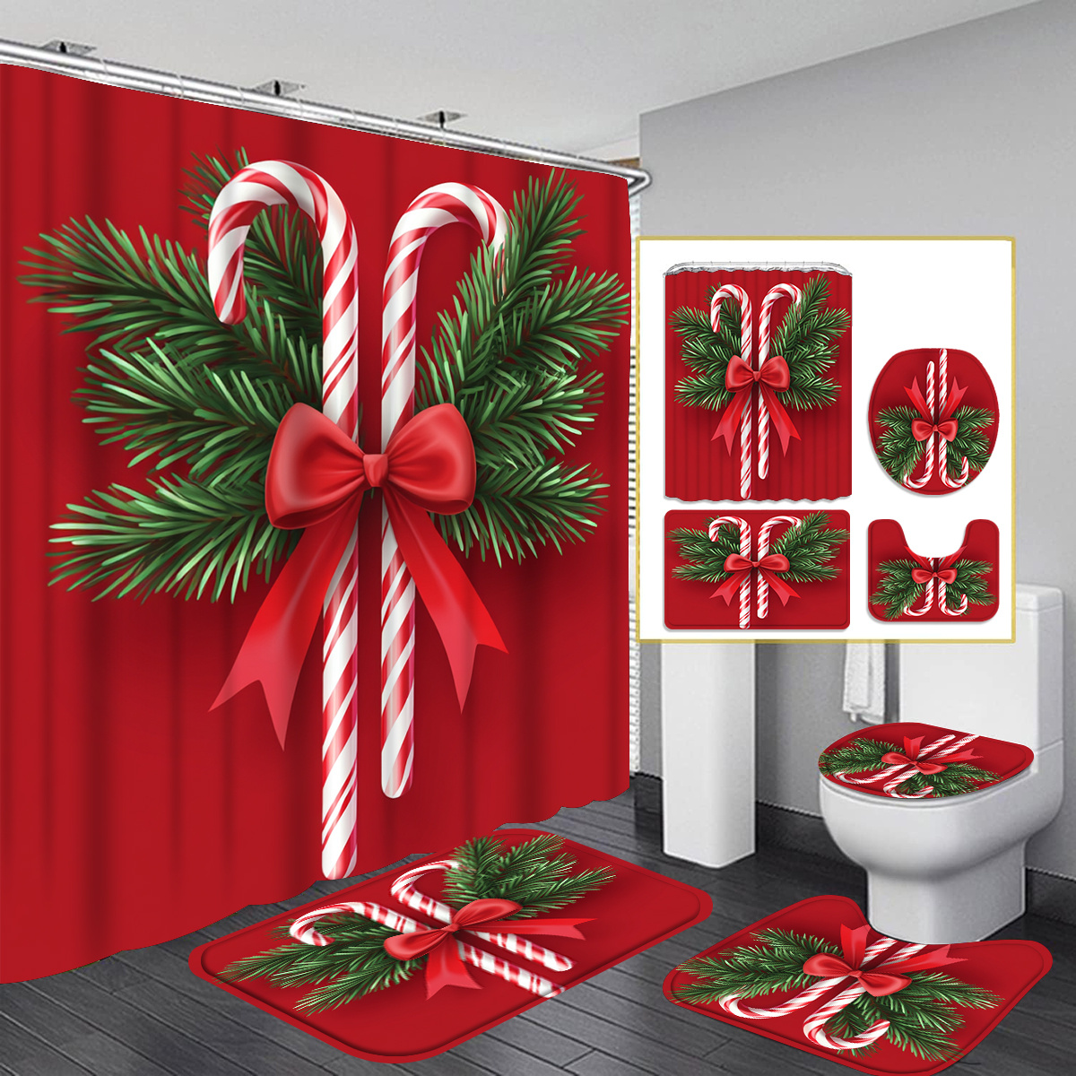 

1pc/4pcs Christmas , - Pattern Shower Curtain, Personality Bathroom Decoration, Shower Curtain Set 12 , Bathroom Carpet Mat, U-shaped Mat, Lid Mat, Bathroom Decoration