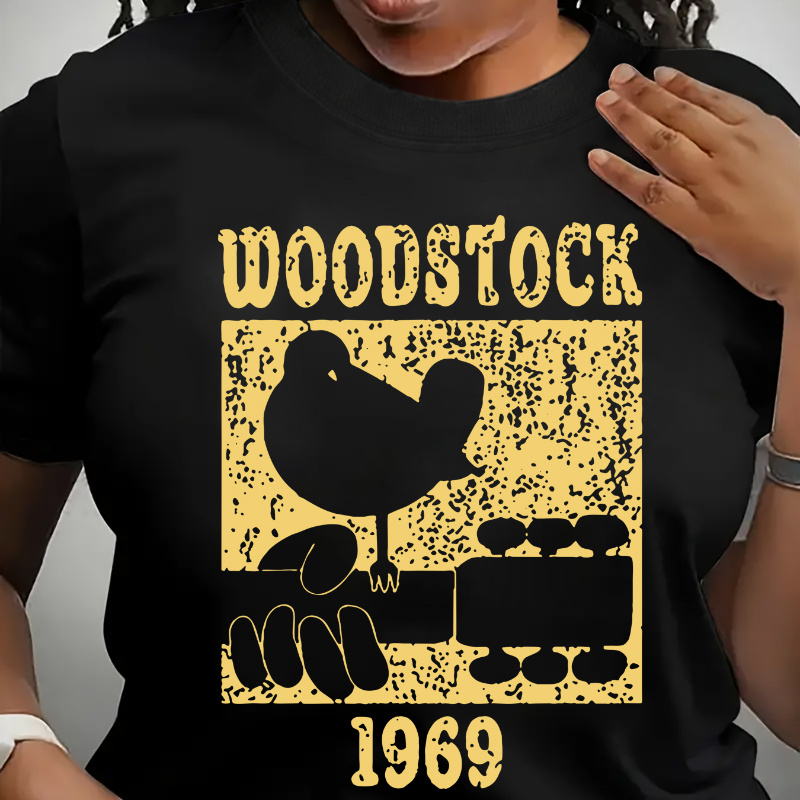 

T-shirt Woodstock 1969 - T-shirt décontracté à col rond pour femme, 50 % coton, 45 % polyester, 5 % élasthanne, coupe standard, haut à motif géométrique toutes