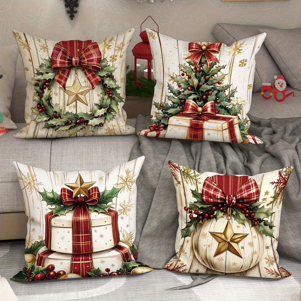 

4pcs Christmas 18x18 - , , Wreath, , And , Zippered, Polyester Decorative Pillowcases For Sofa And Decor - Inserts Not Included