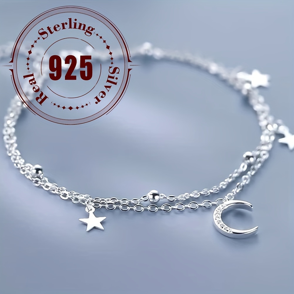 

Sterling Silver 925 Double Layered Star And Moon Charm Bracelet - Bohemian And Hip-hop Inspired, And Parties, Stylish Accessory For Women And Girls