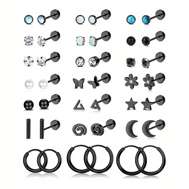 E-shop Set mit 21 Ohrringen aus chirurgischem Edelstahl, flach, hypoallergen, mit 20G Schraubverschluss, geeignet für Knorpelpiercings zum Stapeln