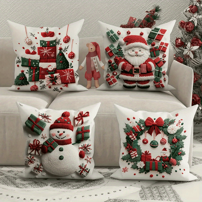 

4- Christmas , , , Snowman, Wreath , Textured Polyester, , Printed, Zippered, For Sofa & Bed Decor