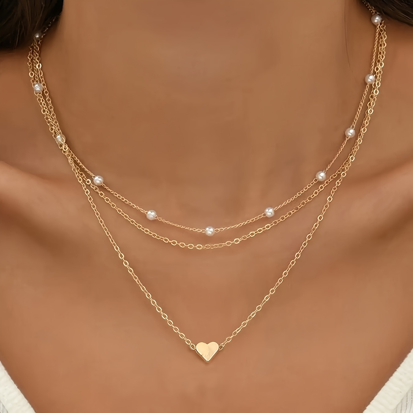 

1pc 18k Gold Plated Layered Necklace Set With Heart-shaped Pendant And Pearl Details, Everyday Wear And Holiday Parties