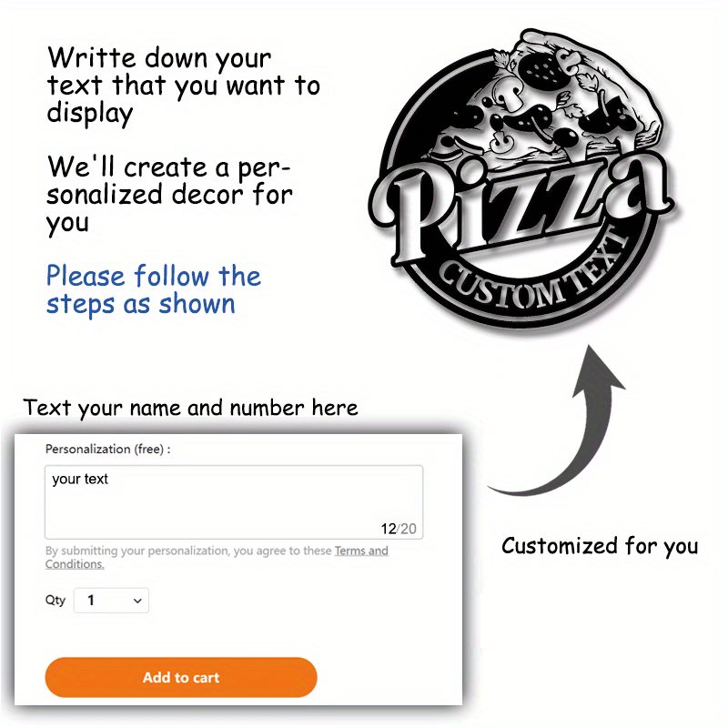Customizable Pizza Metal Wall Art Sign - Personalized Italian Restaurant & Pizza Shop Decor, Black & White Pepperoni Design, Durable Metal Material for Indoor or Outdoor Use