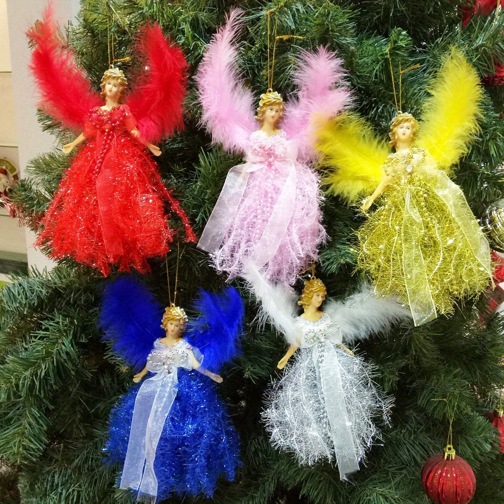 

Set Of 6 Figurines With Feathers - Battery-free Christmas Decorations, Contemporary Polyester Fairy Pendants For Holiday & Home Decor, Christmas Figurines