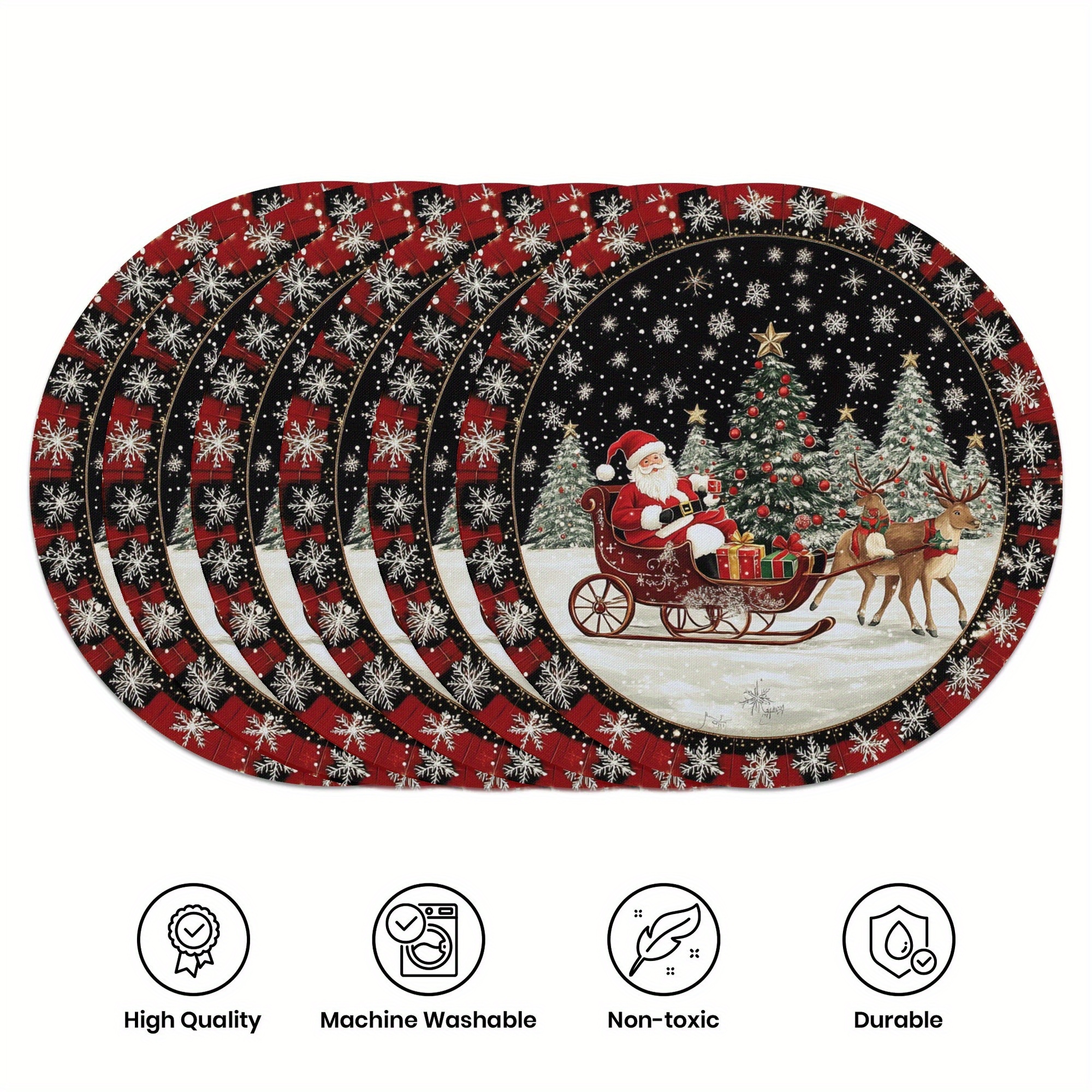 

6-pack Christmas Placemats, 15 Inch Round, Santa Claus Sled Design, Polyester, Non-slip, Heat-resistant, Hand Wash Only, Table Mats For Home & Kitchen Decor