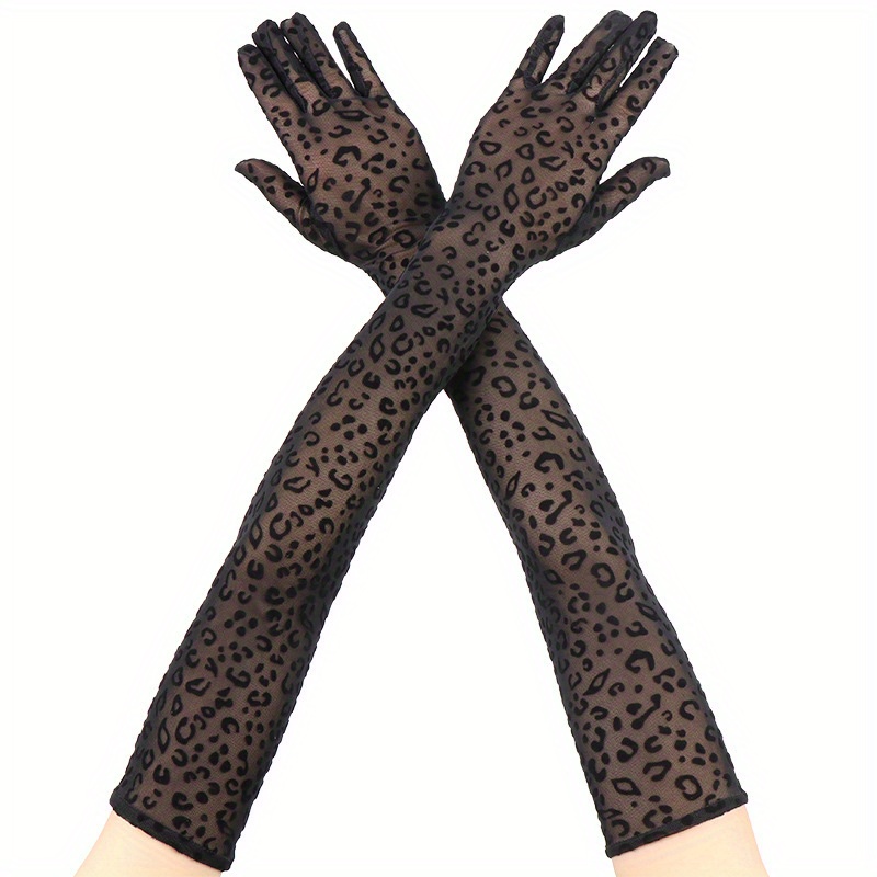 

Leopard Print Long Gloves For Women, 55cm Extended Lace Mesh Driving Gloves, Halloween Dress Accessory, Polyester Spandex, Hand Washable, , No Feathers, Jacquard