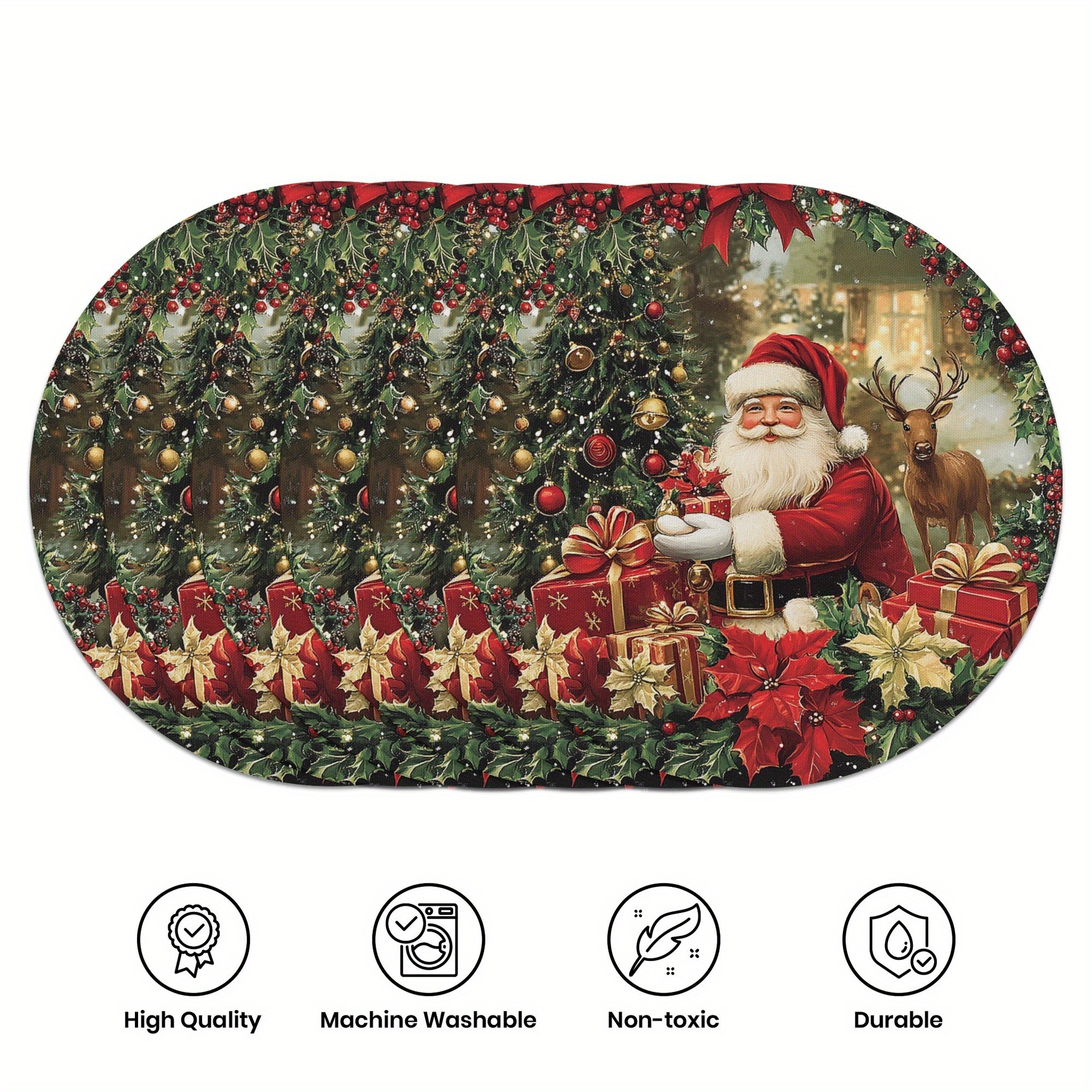 

6-piece Set, 15 Inch Round Polyester Placemats, Christmas Santa Claus Design, Anti-slip, Heat-resistant, Handwash Only, Table Mats For Home Kitchen & Dining Decor