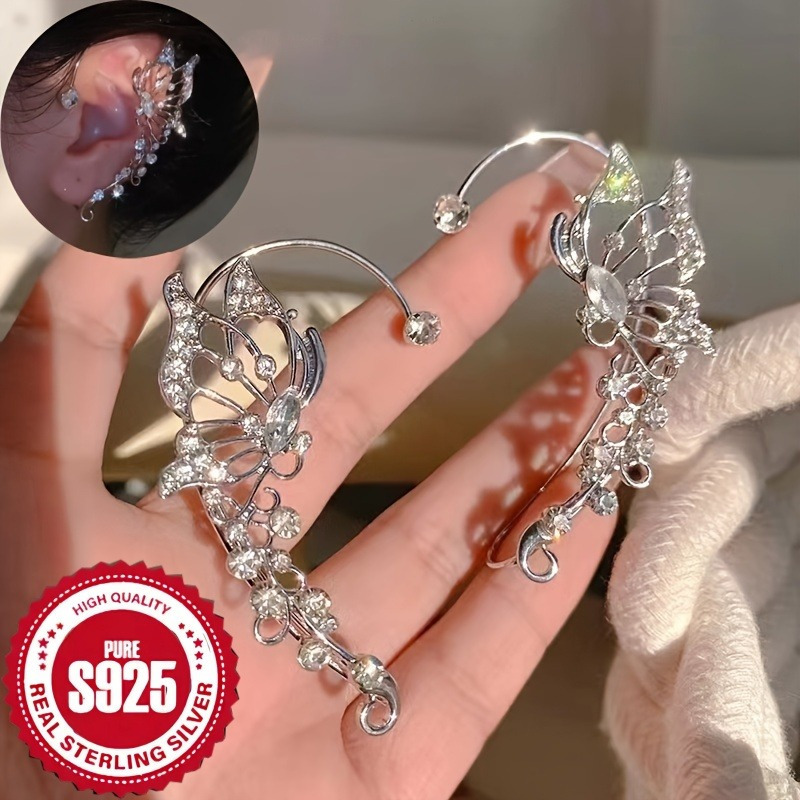 TEMU 925 Sterling Silver Fashionable And Shiny Fairy Earrings, Exquisite And Luxurious Fairy Earrings, Climbers' Unpierced Earrings, Suitable For '