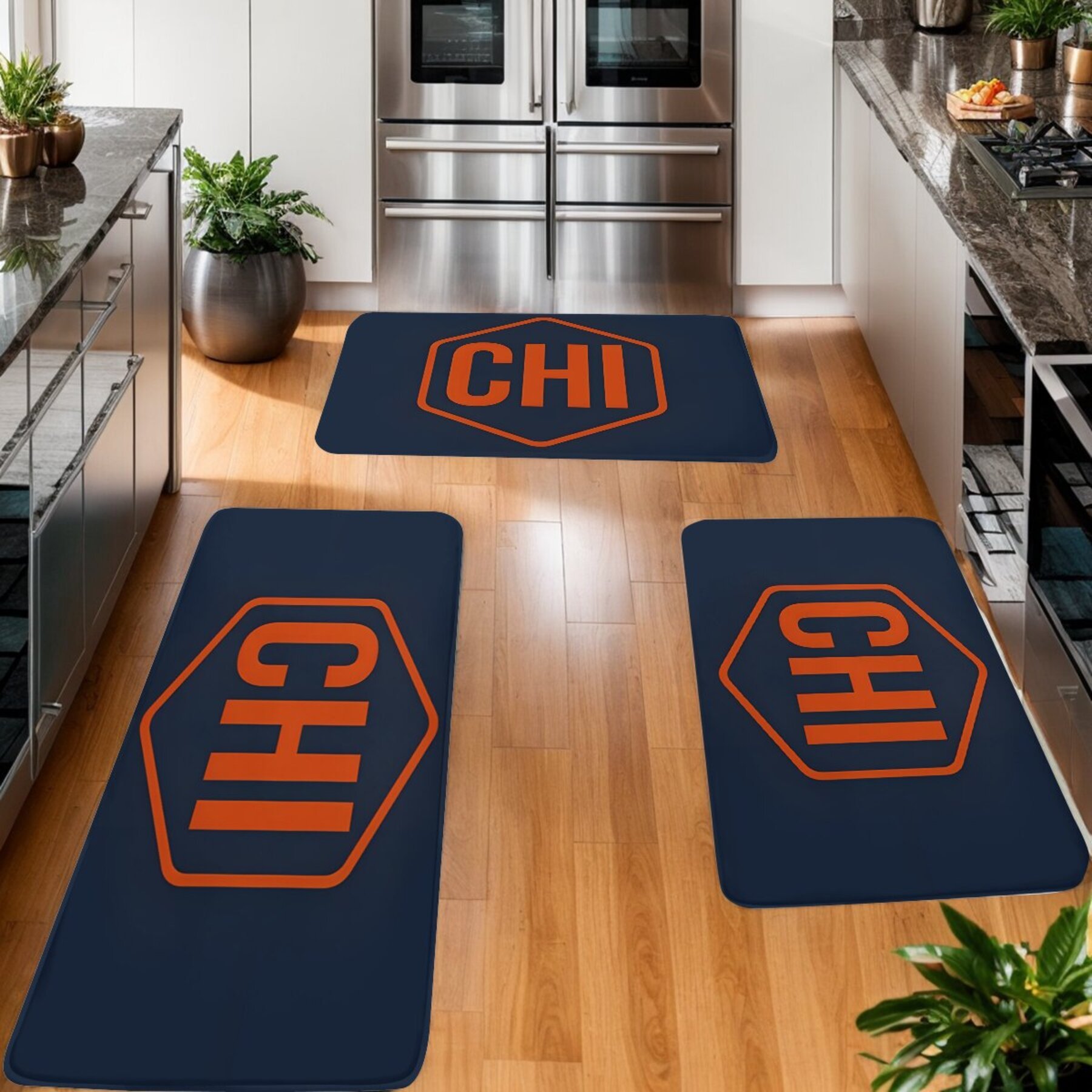 

1pc Vibrant Chicago Hex Orange On Navy Kitchen Mat - Soft, Non-slip, Water-resistant Bathroom Doormat, Balcony Rug For Home Decor, , Gift Idea