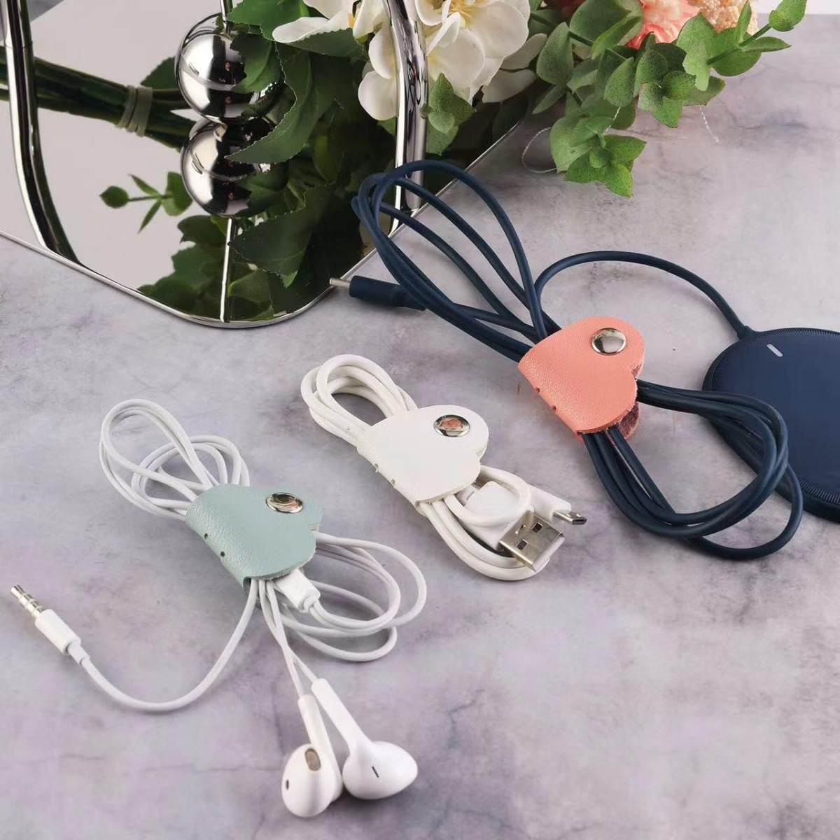 10-Pack Heart-Shaped Faux Leather Cable Straps, Multi-Color Headphone & Headset Cable Organizer, Non-Battery Cable Management Clips, Unisex Cable Fixator Set