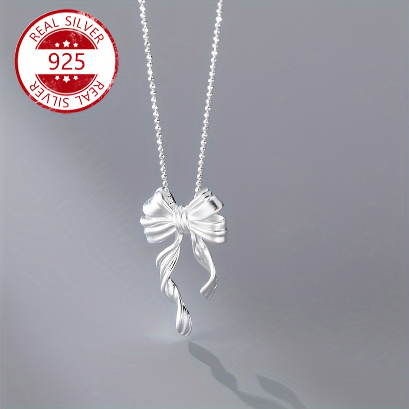 

925 Silvery Double- Bow Pendant Necklace - Hypoallergenic, - For 's Day, Etc-