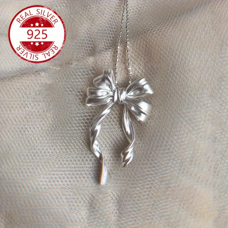 TEMU Elegant 925 Sterling Silver Double-layer Bow Tassel Pendant Necklace - Anti-allergic Design, Vintage Bead Style - Perfect Gift For Valentine's