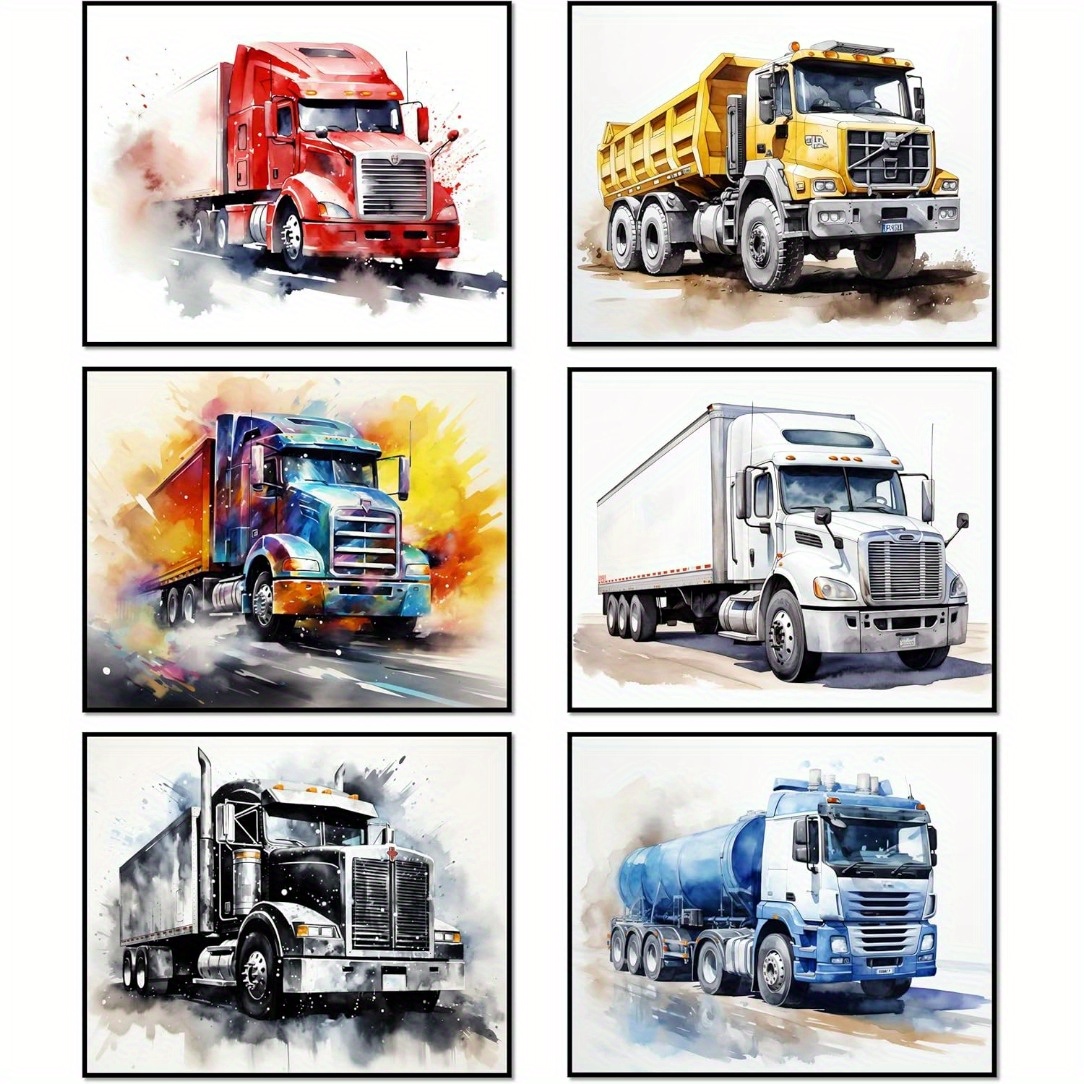 TEMU 2d Flat, A Set Of 6 Unframed Truck Art Prints For Bedroom Decor, Trucker Wall Posters, Modern Vehicle-themed Room Decoration, Cool Truck