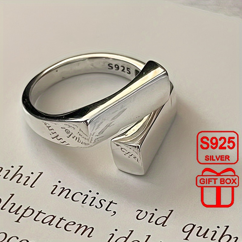 TEMU Bague ouverte pour femmes en argent pur 925 - Design géométrique à emboîtement carré, anti-allergie, convient pour un usage et les occasions