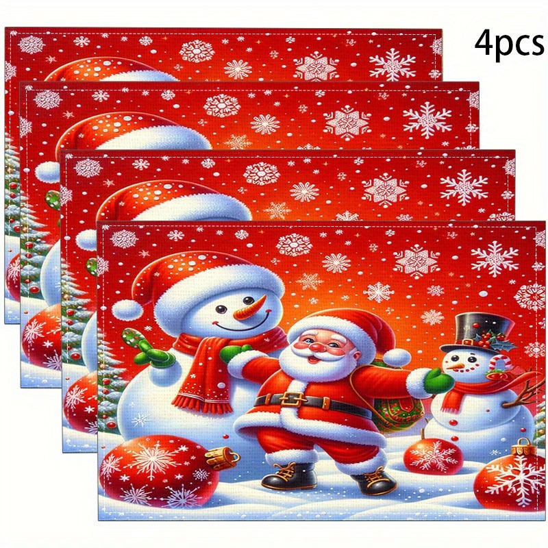 4 pack christmas themed woven placemats heat resistant table mats festive santa and snowman design polyester square machine washable   kitchen decor 0