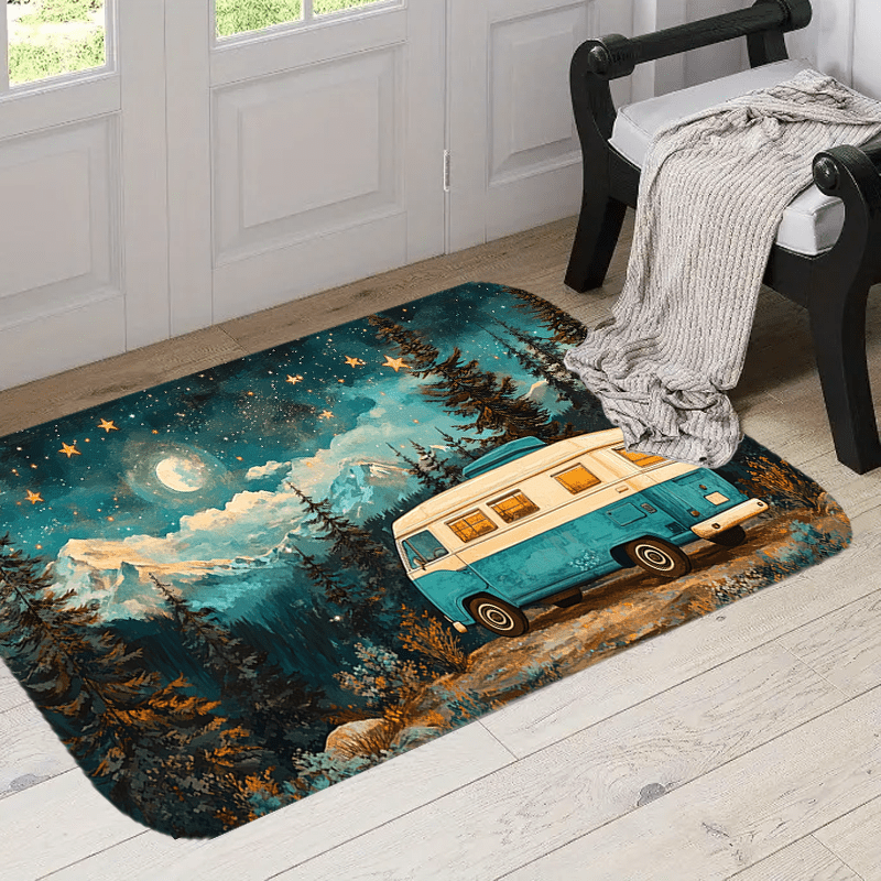 

Retro Van Area Rug - Teal & , Night Design, Outdoor Adventure Theme Home Decor, Machine Washable