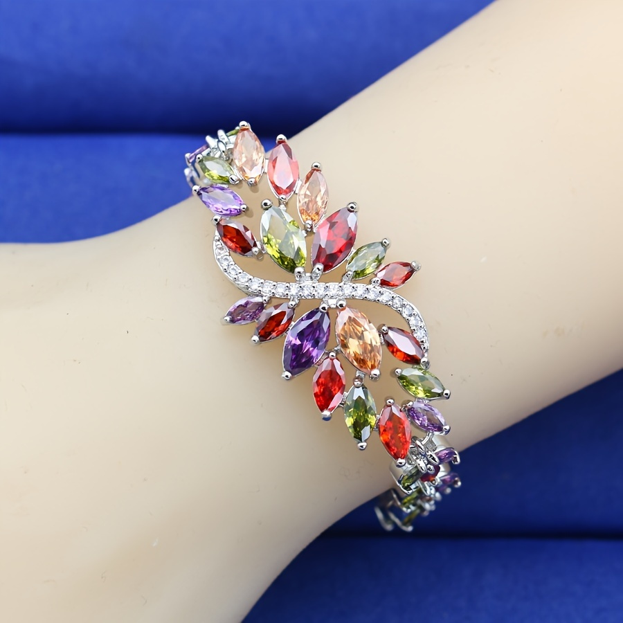 Image of 1pc Luxury Evening Dress Additions Copper Bracelet, With Colorful Synthetic Cubic Zirconia Stone Bracelet, Elegant Ladies Jewelry, Suitable For Weddings, , Valentine's Day Gifts