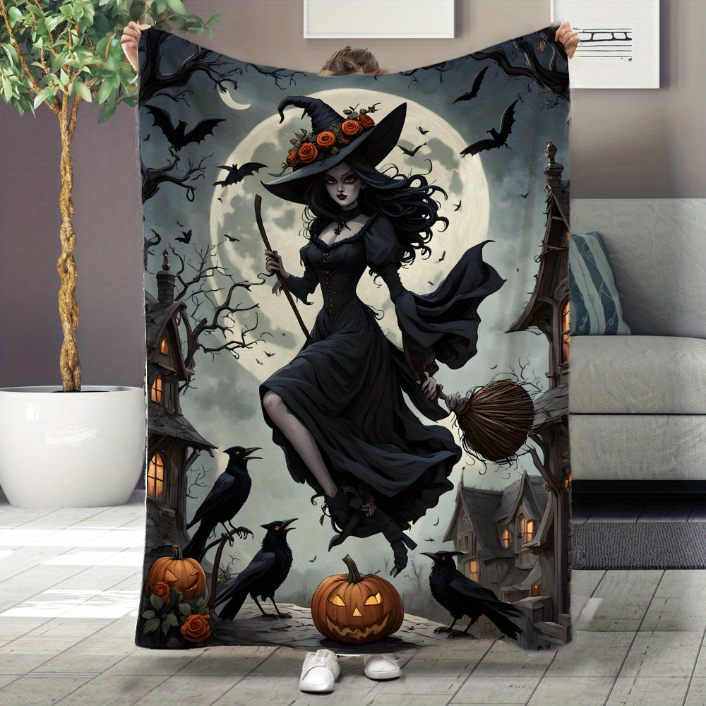 1pc jit witch in moonlight black dress printed flannel fleece blanket festive throw gift blanket multi use for   sofa pet office home decor contemporary style     200 250    details 0