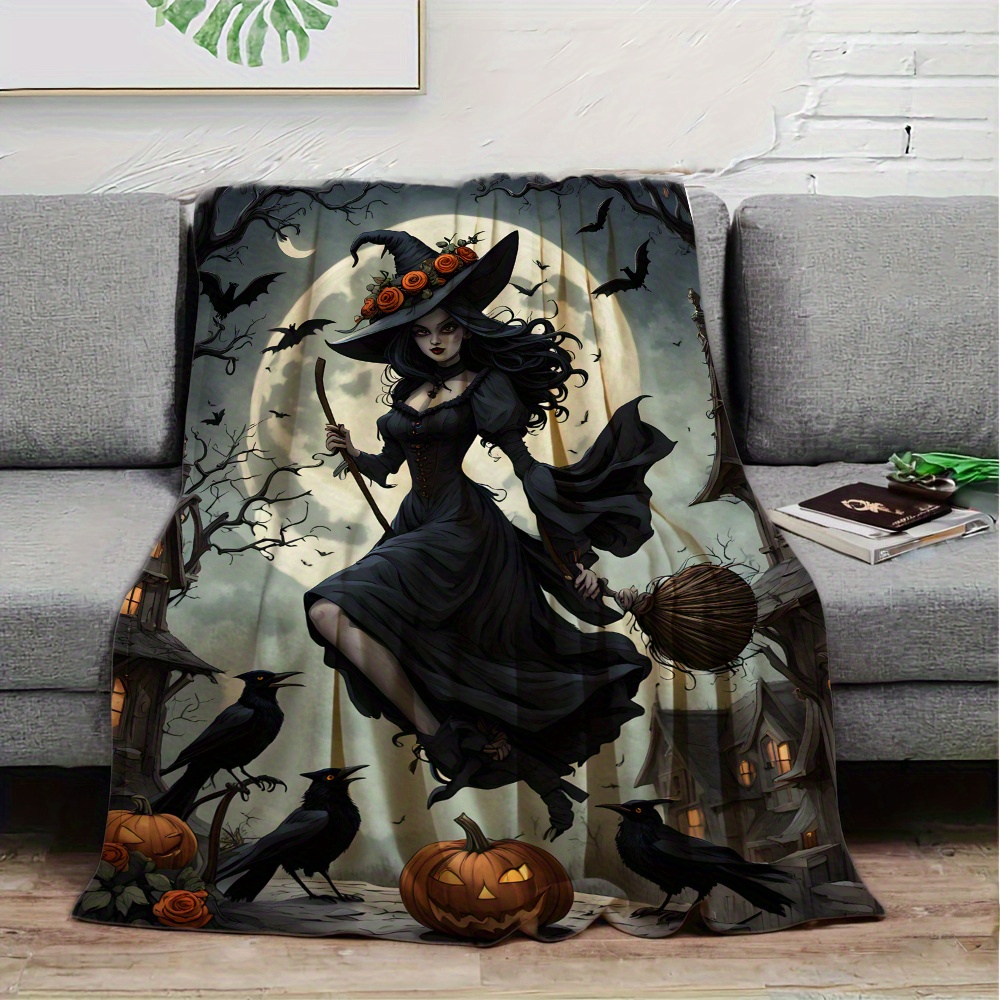 1pc jit witch in moonlight black dress printed flannel fleece blanket festive throw gift blanket multi use for   sofa pet office home decor contemporary style     200 250    details 1