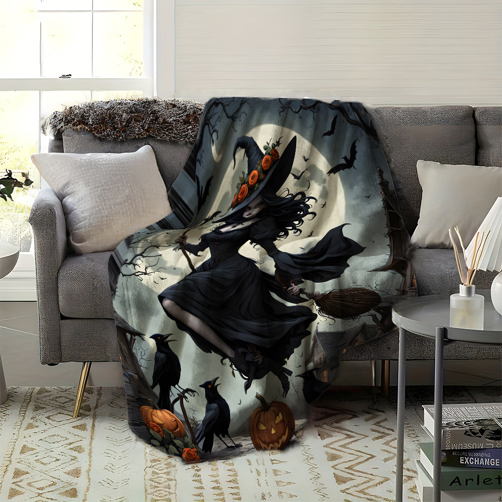 1pc jit witch in moonlight black dress printed flannel fleece blanket festive throw gift blanket multi use for   sofa pet office home decor contemporary style     200 250    details 2