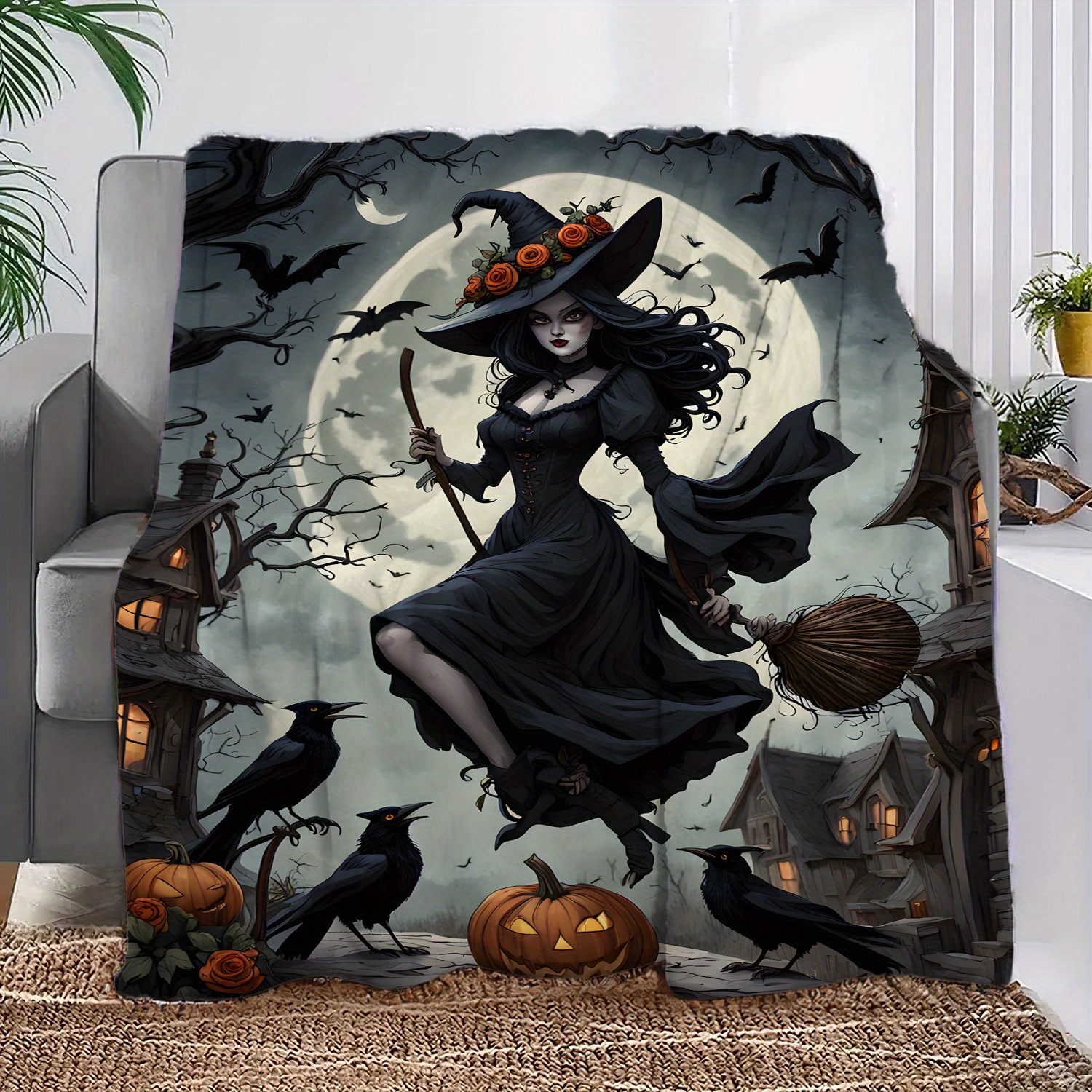 1pc jit witch in moonlight black dress printed flannel fleece blanket festive throw gift blanket multi use for   sofa pet office home decor contemporary style     200 250    details 3