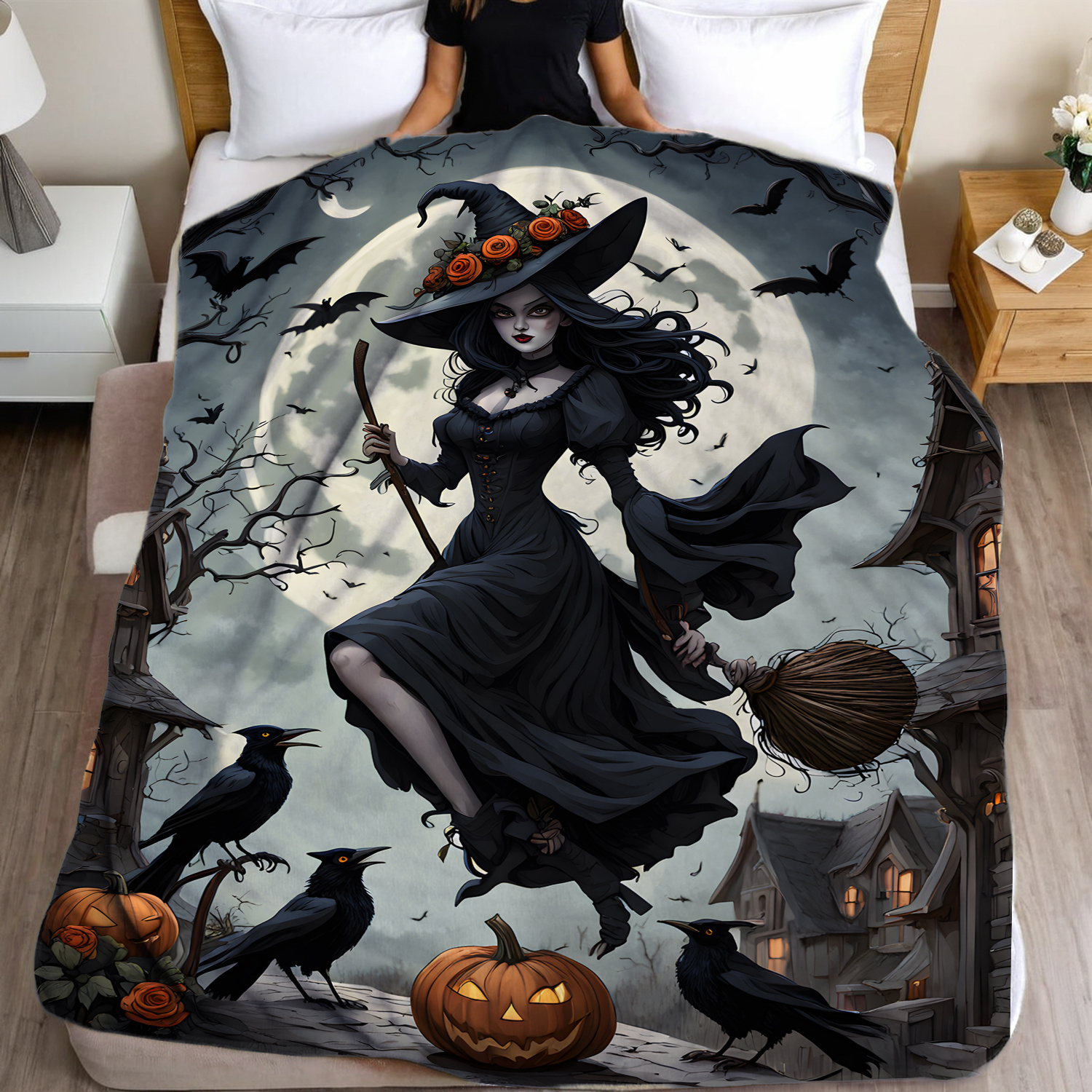 1pc jit witch in moonlight black dress printed flannel fleece blanket festive throw gift blanket multi use for   sofa pet office home decor contemporary style     200 250    details 4