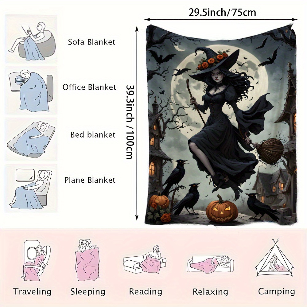 1pc jit witch in moonlight black dress printed flannel fleece blanket festive throw gift blanket multi use for   sofa pet office home decor contemporary style     200 250    details 5