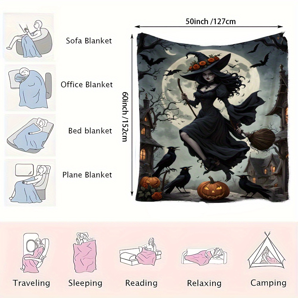 1pc jit witch in moonlight black dress printed flannel fleece blanket festive throw gift blanket multi use for   sofa pet office home decor contemporary style     200 250    details 8