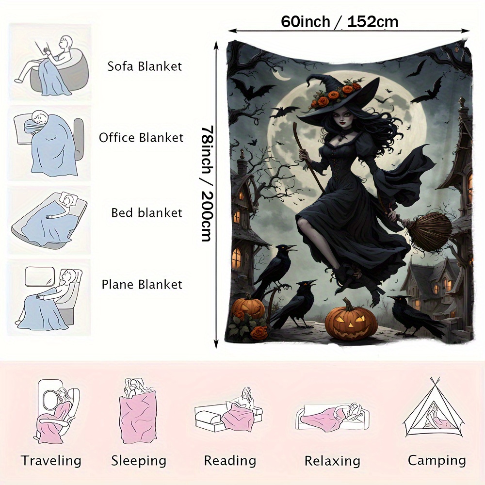 1pc jit witch in moonlight black dress printed flannel fleece blanket festive throw gift blanket multi use for   sofa pet office home decor contemporary style     200 250    details 9