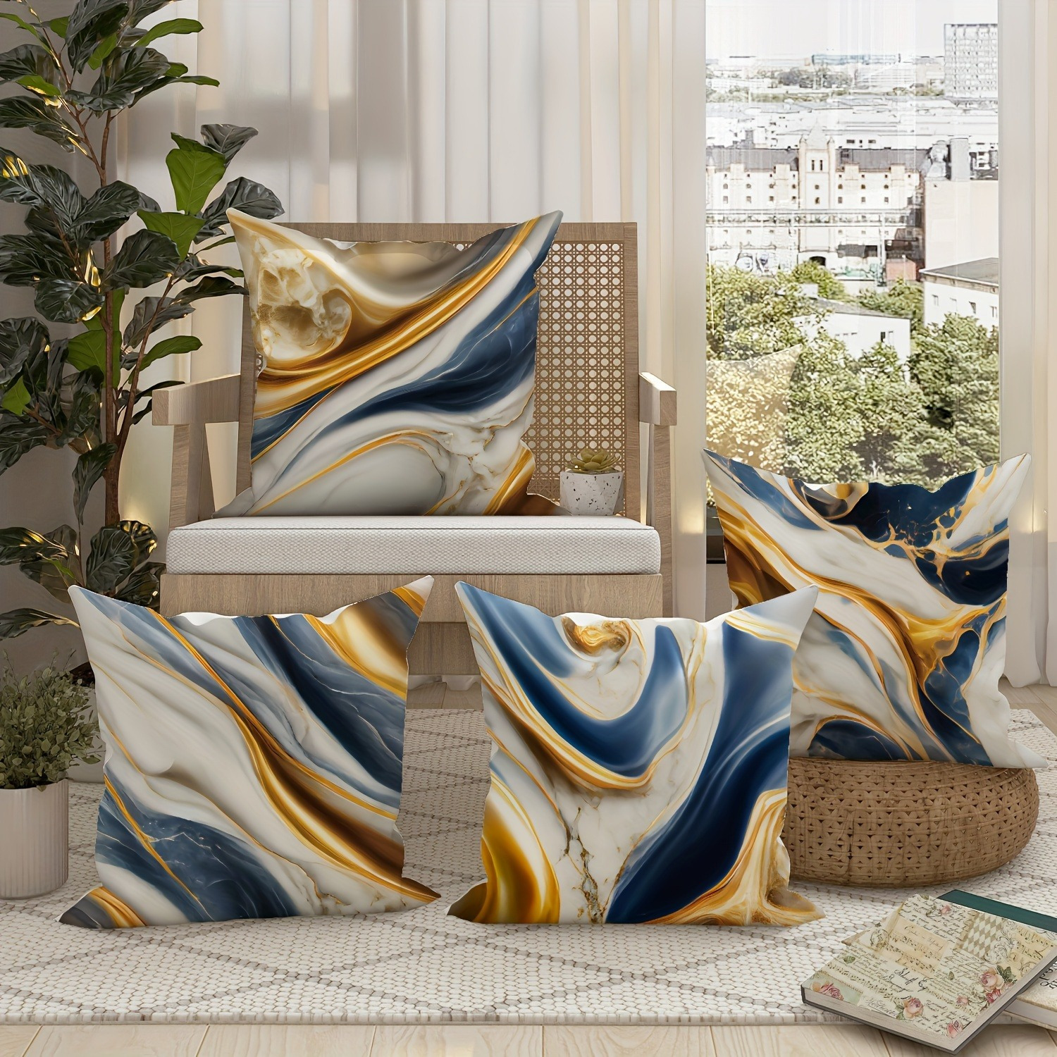 

Set Of 4 Modern Polyester Throw Pillow Covers - Abstract Marble Gold, White And Blue Decorative Pillow Covers, Zippered, Machine Washable, For Sofa And Bedroom Decor, 18x18 Inch - Polyester, Unlined