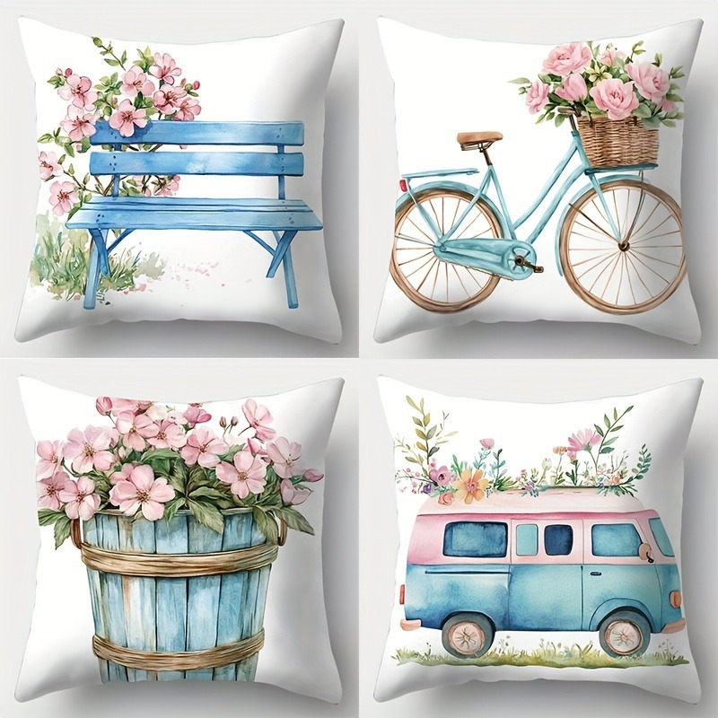 

Set Of 4 Contemporary Throw Pillows - Hand Wash Only, Floral Theme With Bicycle And Barrel , Soft And Cozy Pastel , Zipper Closure, Polyester Weave, Living Room Decorative Cushion Cover